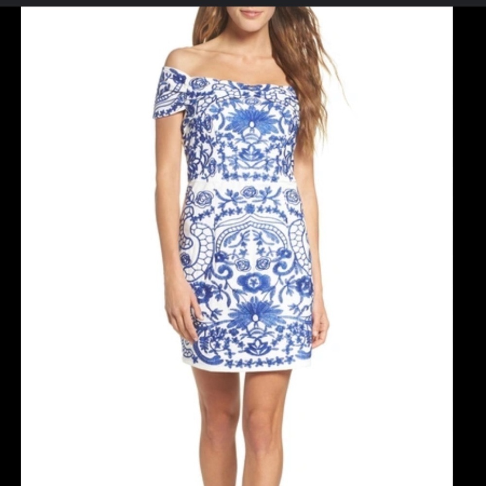 Foxiedox white off the shoulder mini dress Grecian blue embroidery fit small